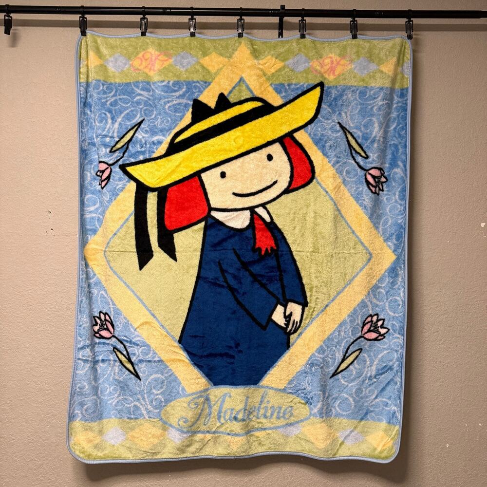 Vtg 90s Madeline plush throw blanket - Hard to find blue minky cartoon 58 x 50